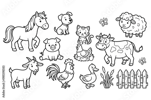 Set of outline cute cartoon farm animals including horse pig dog cat sheep cow chicken.