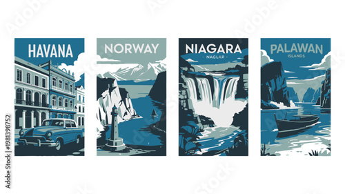 Vintage travel posters of Havana, Norway, Niagara, and Palawan on a white background