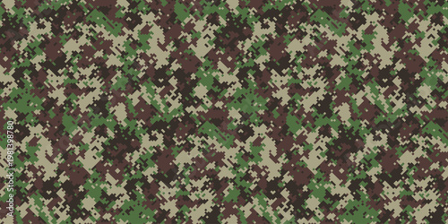 Intricate digital camouflage pattern in earthy greens, browns, and beige. Ideal for backgrounds, textile designs, militarythemed projects, or creating a sense of concealment and mystery.