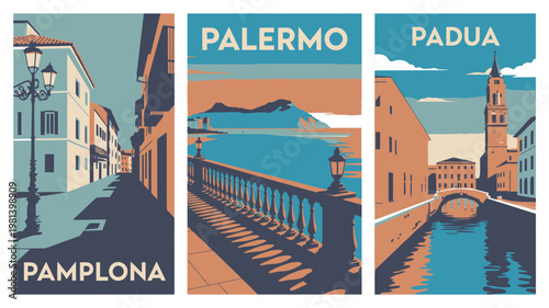 A vibrant illustration of three Italian cityscapes, including Pamplona, Palermo, and Padua, with blue and orange hues