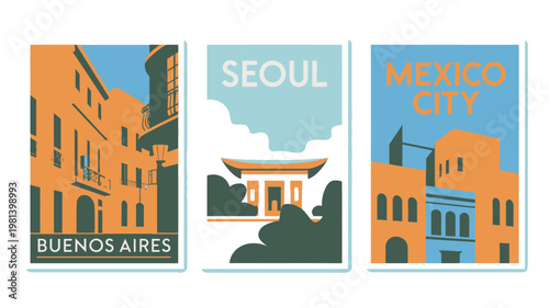 A vibrant illustration of three travel posters for Buenos Aires, Seoul, and Mexico City