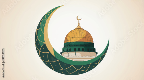 Islamic crescent moon framing a golden domed mosque illustration with middle eastern holy site blue sky cloudy sky architecture religion building