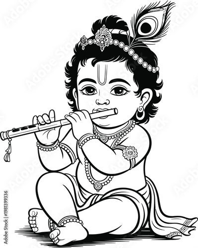 Krishna, Hindu God, Baby Krishna, Vector Illustration, Black and White