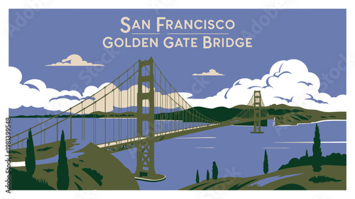An illustration of the Golden Gate Bridge in San Francisco with a blue sky and clouds