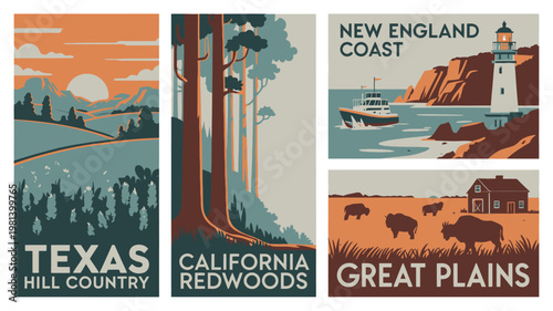 Vintage travel posters showcasing diverse American landscapes and regions.