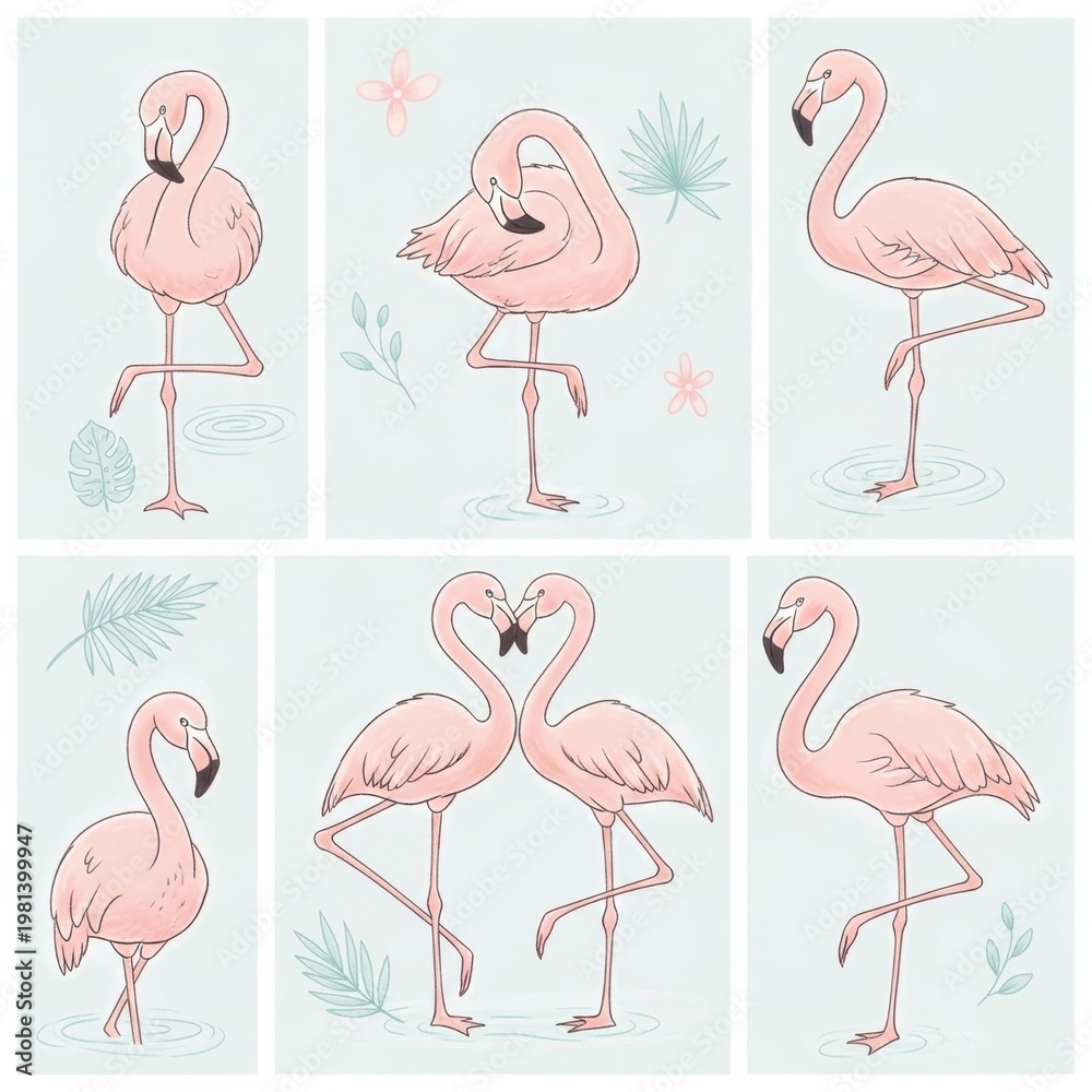 Obraz premium Flamingos in Various Poses Illustration Set