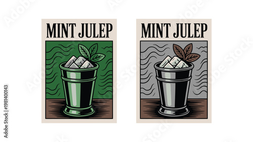 Two vintage style posters of mint julep cocktails with ice and mint leaves on a white background