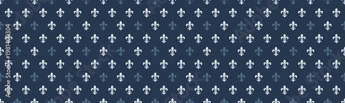 Elegant navy blue background with a repeating pattern of subtly shaded fleurdelis. This sophisticated design evokes royalty, heritage, and timeless style.
