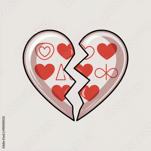 Cracked heart shape filled with various heart symbols broken heart flat design illustration valentine separation relationship unrequited