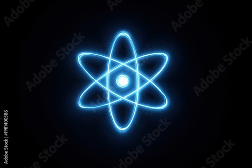 Glowing, stylized atom symbol with five orbiting pathways against a black background
