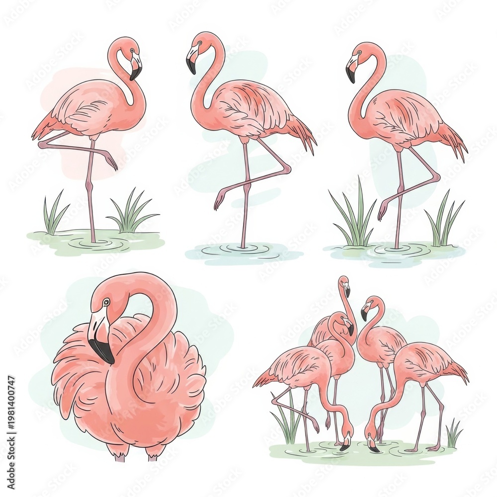 Obraz premium Flamingos in Various Poses and Settings Illustration