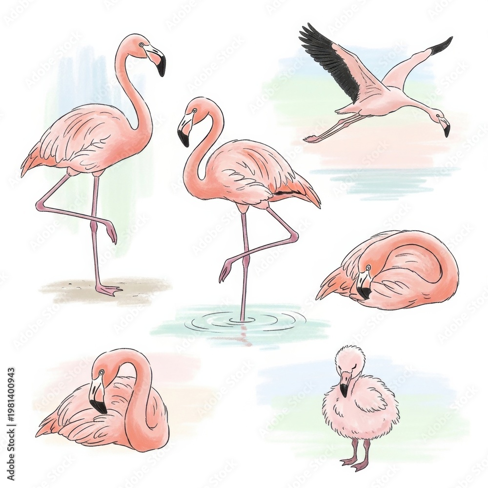 Obraz premium Flamingos in Various Poses and Actions Illustration