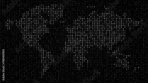 Animated digital world map made of flowing binary code representing global data, cybersecurity, and network connectivity. Ideal for technology presentations, AI visuals, and cyber communication themes