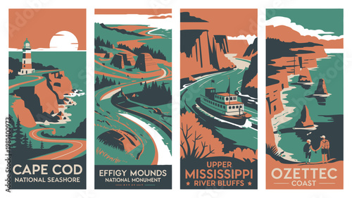 A set of vintage travel posters featuring scenic national parks and monuments in the United States