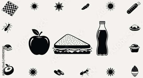 A collection of food and drink items