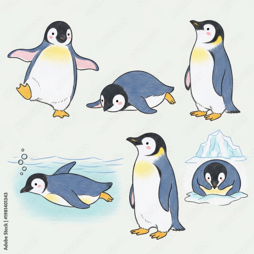 Naklejka premium Penguins in Various Poses and Actions Illustration