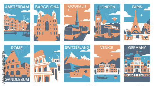 A vibrant illustration of famous European city skylines and landmarks in a modern style