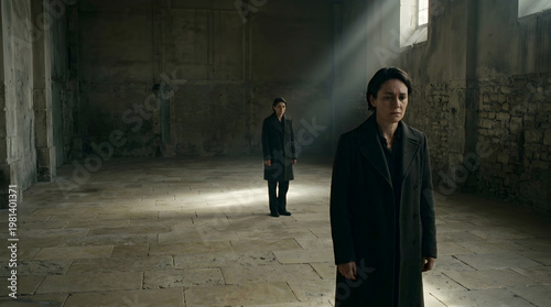 Two women standing in a large empty room