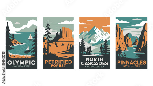 A collection of national park posters featuring scenic landscapes and iconic destinations in the United States