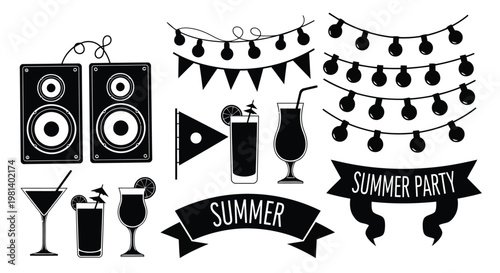 A collection of summer party icons and symbols