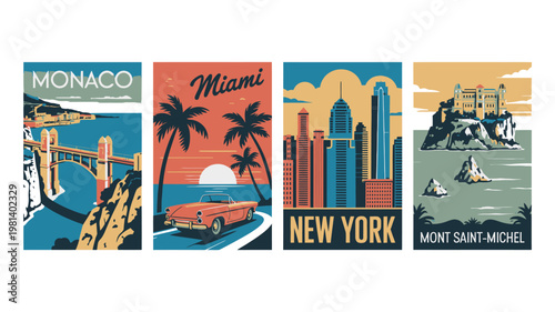 Vibrant travel posters showcasing iconic destinations around the world in a modern design style.