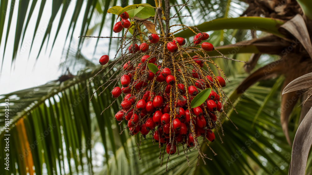 Fototapeta premium Vibrant red berries cluster on palm tree branches with green leaves in a natural tropical setting.