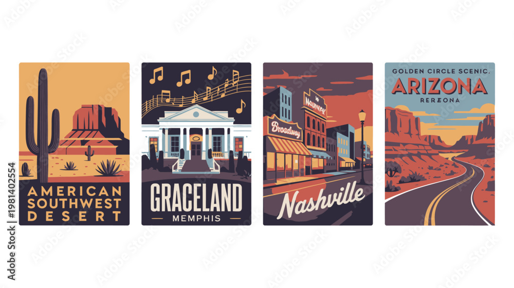 Fototapeta premium Vintage travel posters showcasing iconic American destinations and landmarks