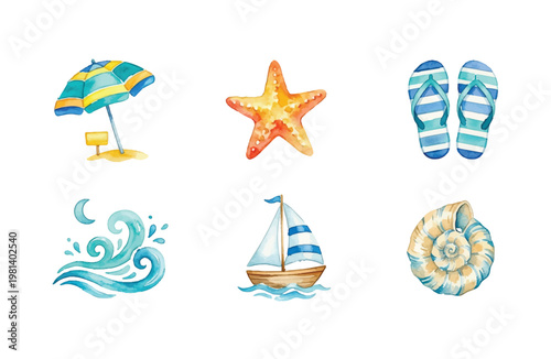 Watercolor Beach Icon Set Animation on White Background