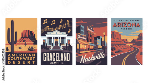 Vintage travel posters showcasing iconic American destinations and landmarks