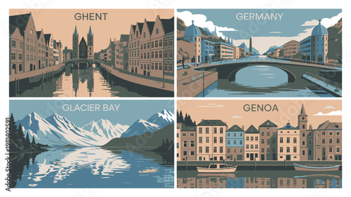 A collage of four travel destinations featuring Ghent, Germany, Glacier Bay, and Genoa with scenic views and landmarks.