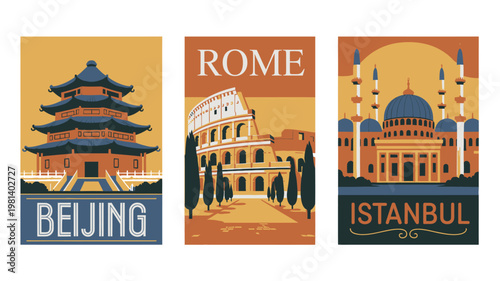 A vibrant illustration of famous landmarks from Beijing, Rome, and Istanbul in a modern travel poster style