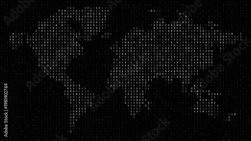 Animated digital world map made of flowing binary code representing global data, cybersecurity, and network connectivity. Ideal for technology presentations, AI visuals, and cyber communication themes