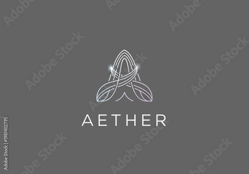 Elegant AETHER logo design with a stylized flame shape and glowing accents on a grey background, perfect for technology or creative brands