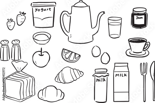 手書き風の朝ごはんイラストセット　シンプルな線画