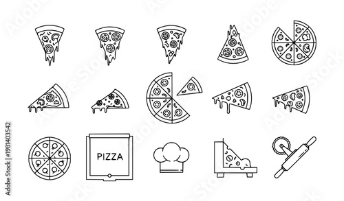 Minimal pizza line icons set outline pizzeria food symbols with slices box and kitchen tools vector illustration
