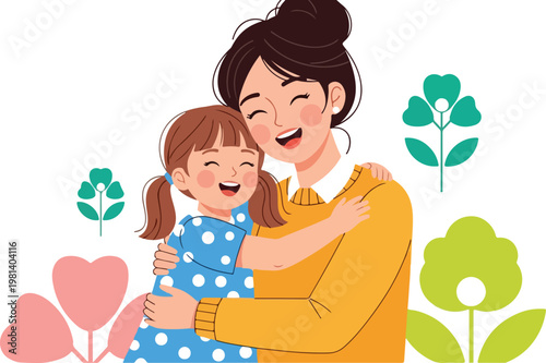 A joyful mother and her young daughter share a loving embrace, both smiling brightly with happiness, surrounded by simple floral designs.