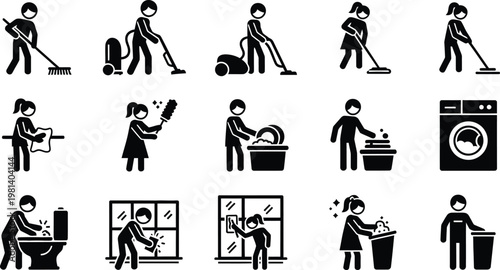 Set of icons depicting various home cleaning tasks and actions with toilet care trash removal window washing black and whi