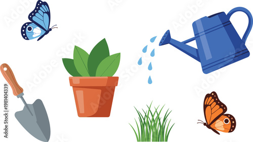 Gardening Tools, Potted Plant, Watering Can, and Butterflies Illustration Set for Nature, Spring, and Outdoor Projects