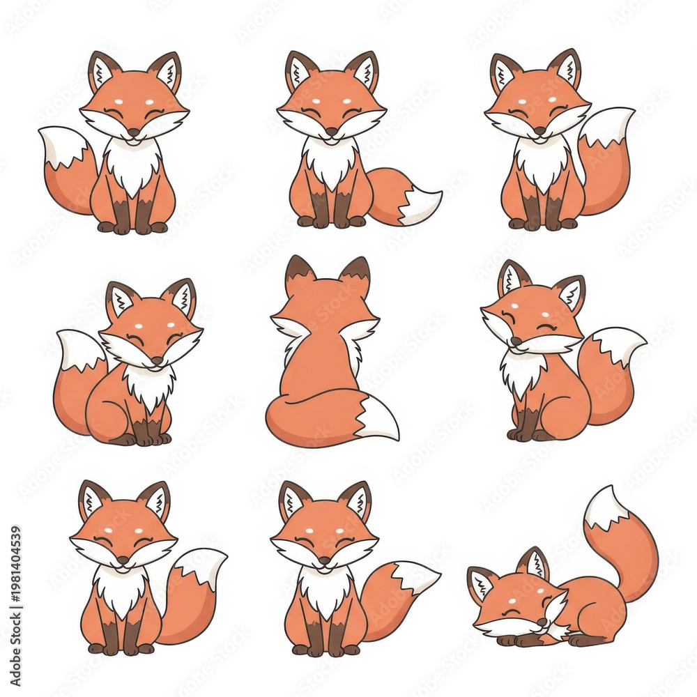 Fototapeta premium Cute cartoon foxes in various poses and expressions