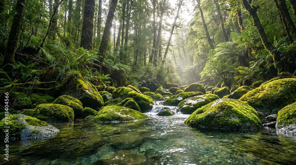 Obraz premium Sunlit Serene Forest Stream with Moss-Covered Rocks and Lush Greenery