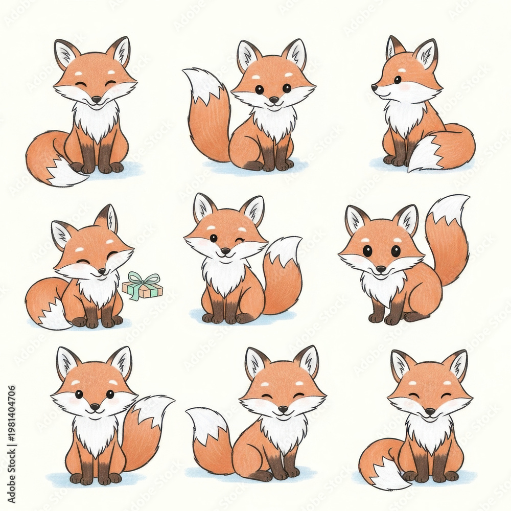 Fototapeta premium Cute cartoon foxes in various playful poses and expressions