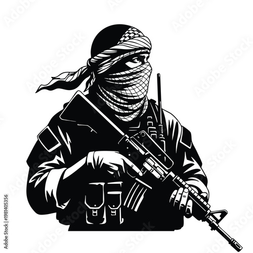 Militant with Tactical Gear and Rifle in Black and White Illustration