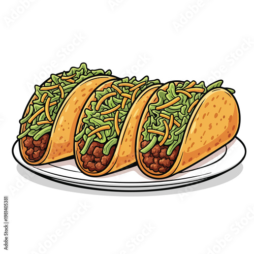 Delicious and Fresh Ground Beef Tacos with Lettuce and Cheese on a White Plate