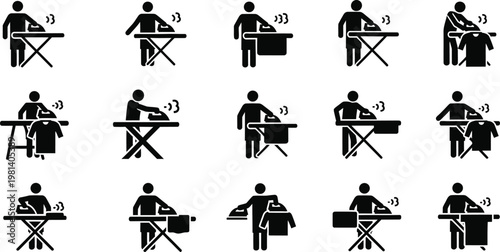 Compilation of icons showing different stages and techniques of ironing clothes with garment care ironing board steam iron