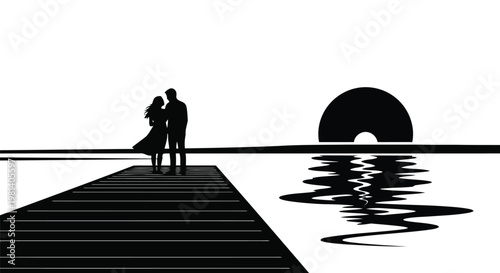A couple standing on a dock at sunset