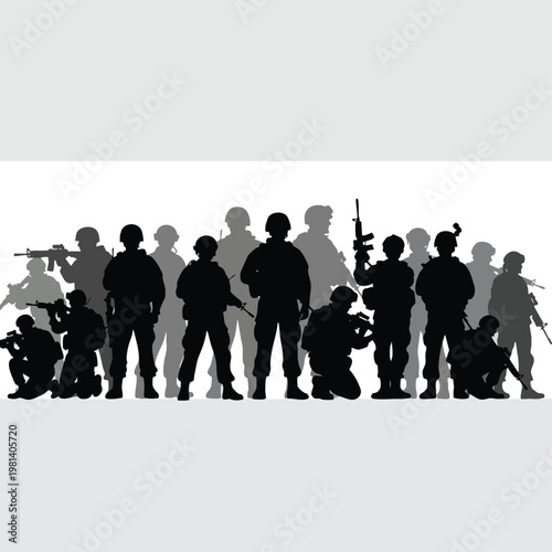 Silhouette of Diverse Military and Security Personnel in Uniforms