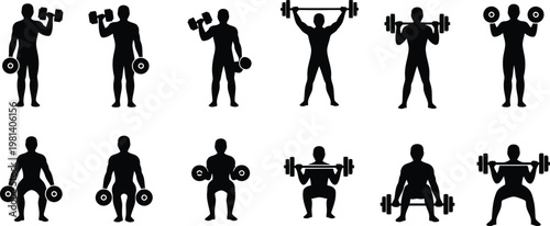 Weightlifting and dumbbell exercise icons with white background weightlifting dumbbell exercise silhouette strength