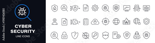 Cyber security line icons set featuring minimal vector symbols, modern outline style, and clean design. Perfect for apps, UI design, web security projects, tech interfaces, and digital branding.
