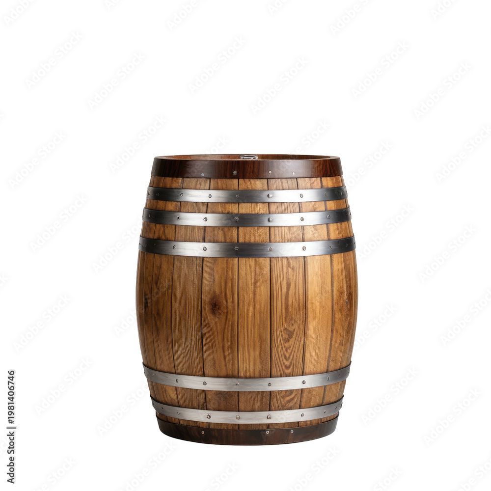 Obraz premium A weathered, cylindrical wooden barrel with metal hoops