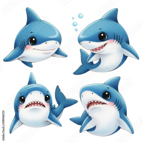 Cute cartoon shark faces with different expressions